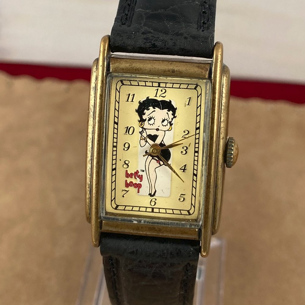 Fossil Betty Boop Gold-Tone Rectangular Watch with Cream Dial and Black Strap - Picture 1 of 7